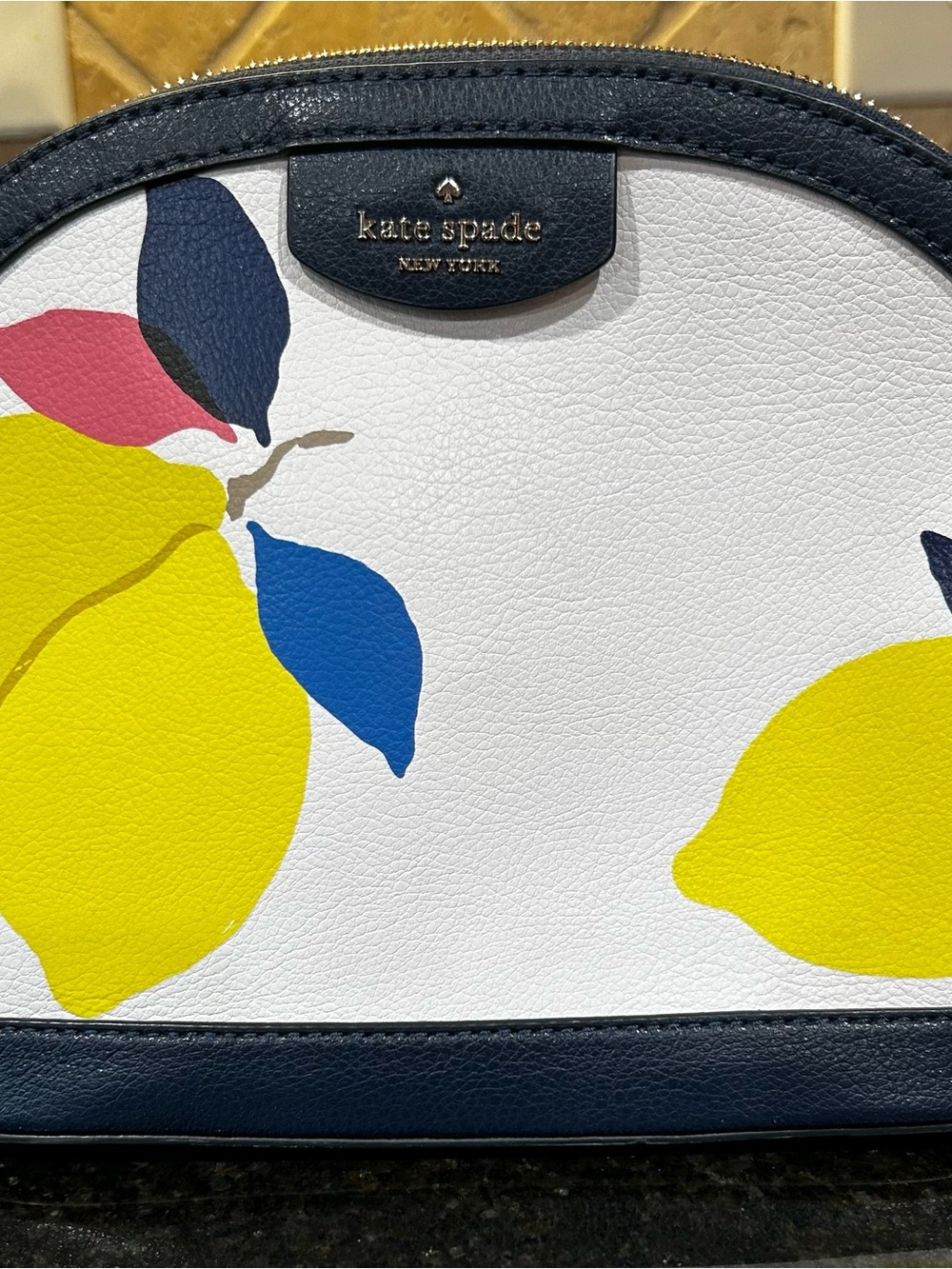 kate spade White Lemon Print Dome Cosmetic Bag - Yellow/Blue/Navy/Pink